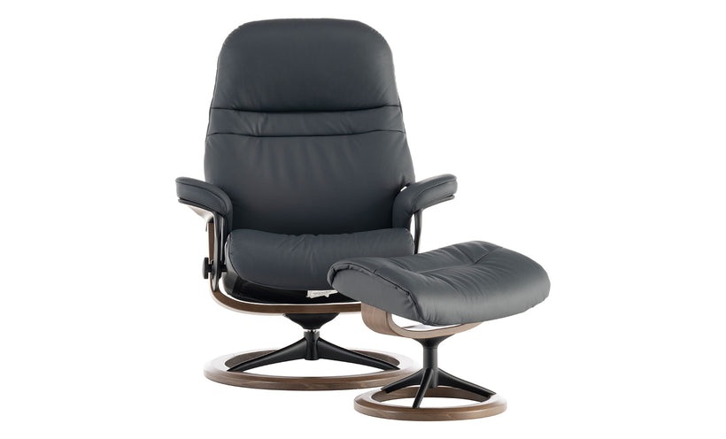 Stressless Shadow Blue Sunrise Chair and Ottoman (Medium)